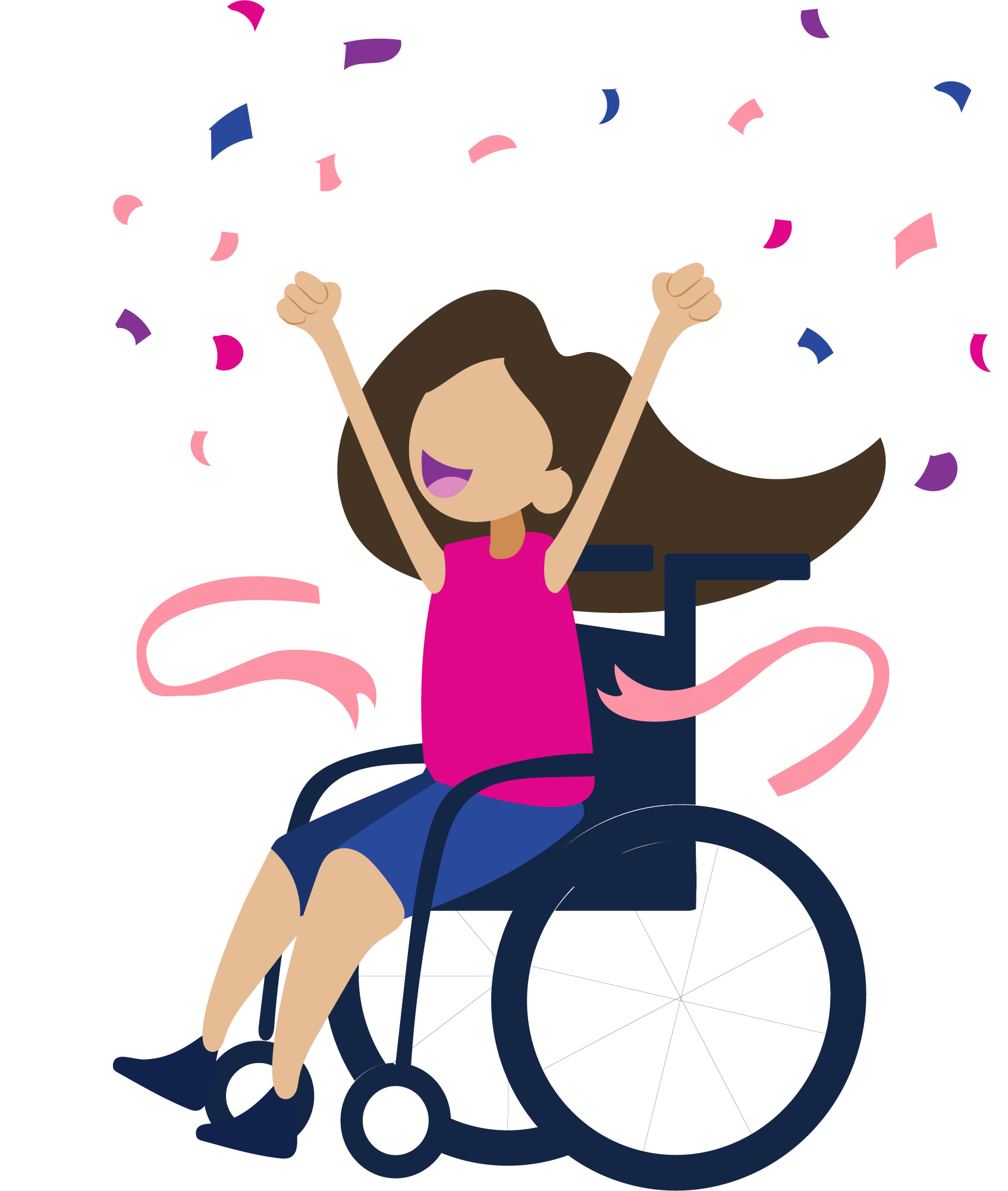Illustration of a young girl celebrating in her wheelchair with confetti around her.