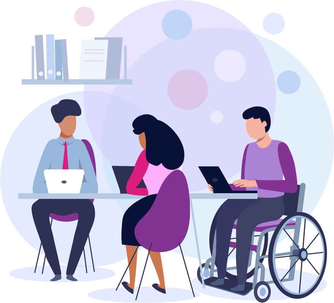 Graphic illustration of three people working in an office together. Graphic illustration of three people working in an office together.