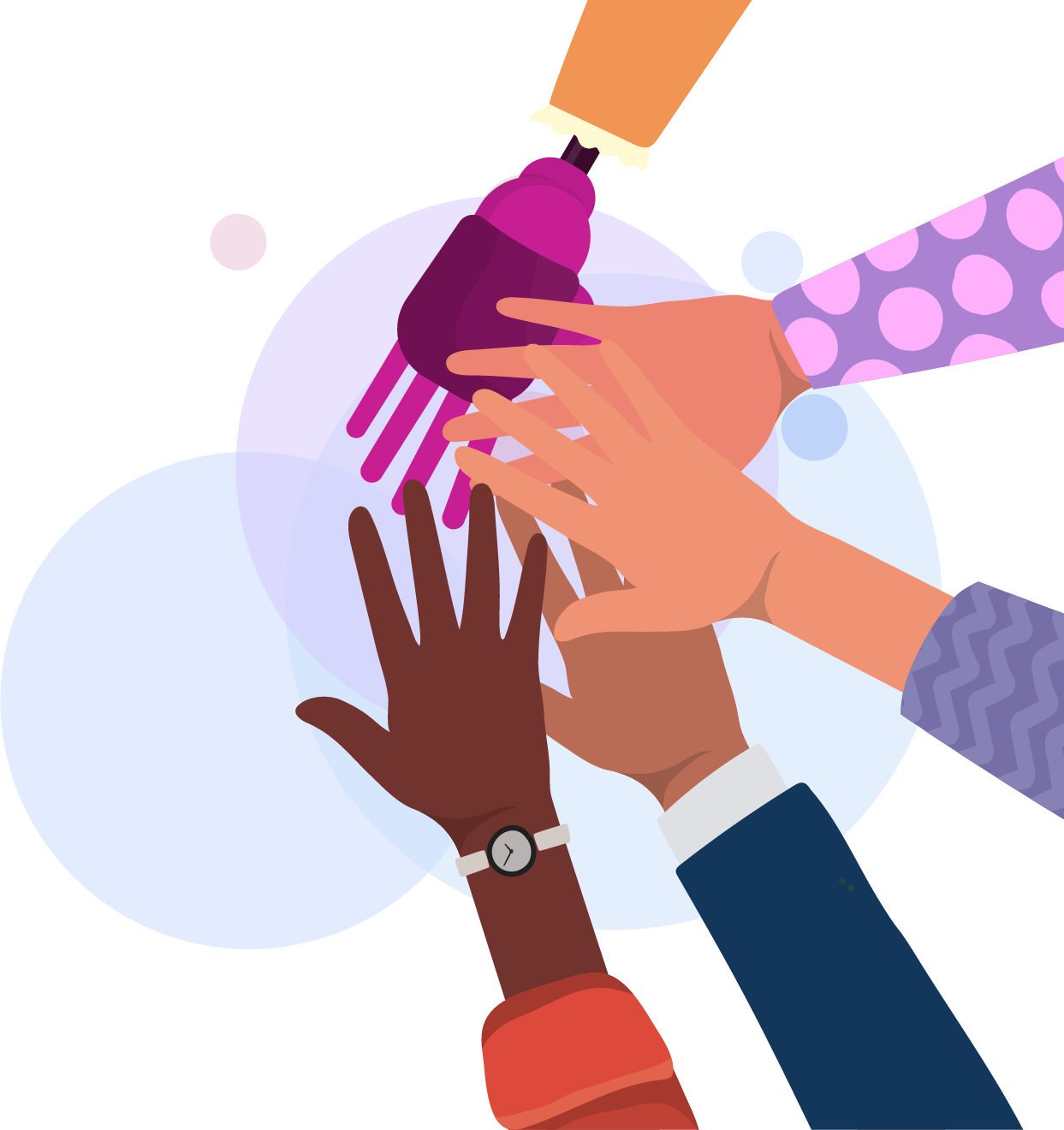 Graphic illustration of hands of five diverse individuals to form a semi-circle. Graphic illustration of hands of five diverse individuals to form a semi-circle.